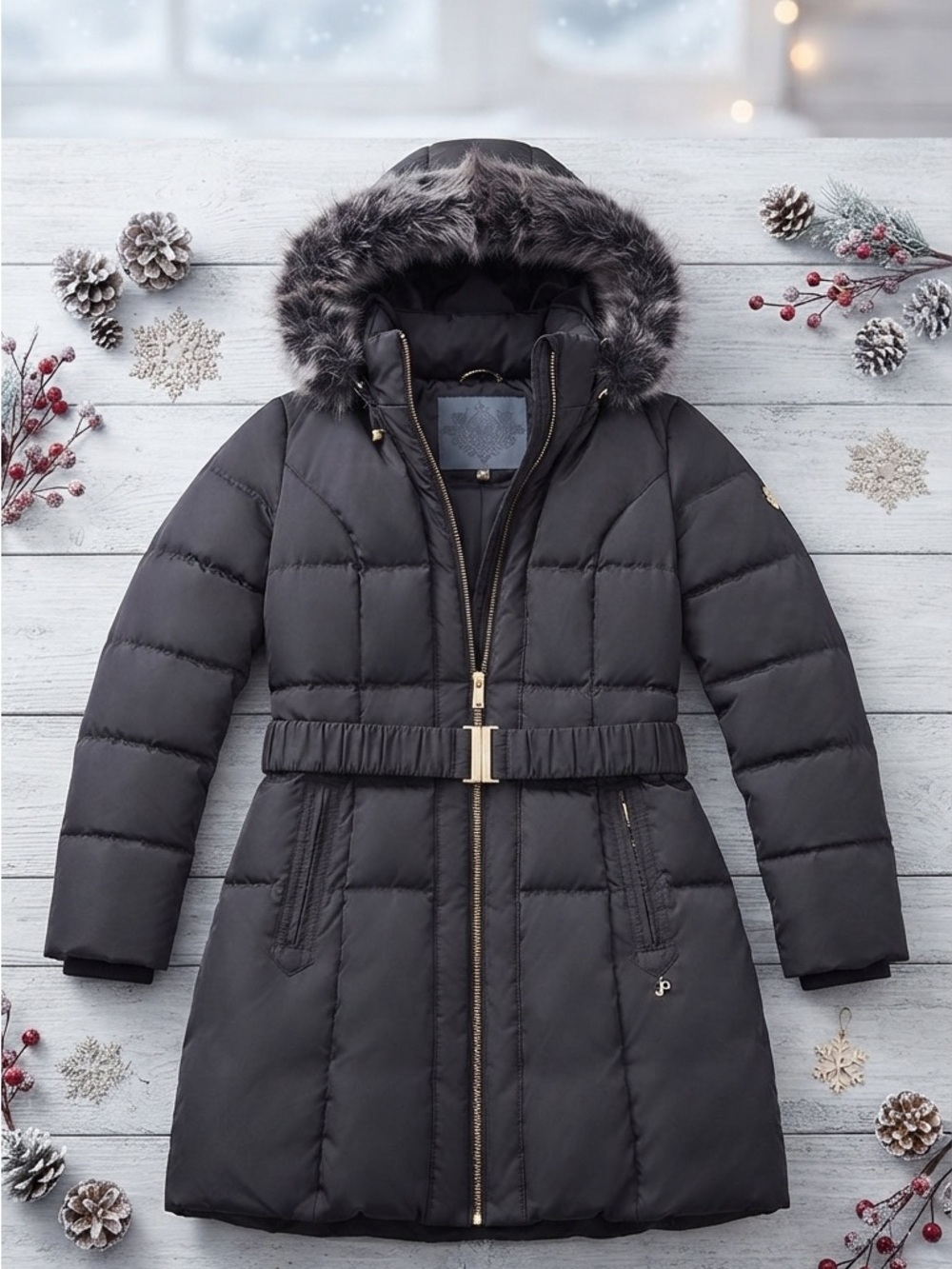 Women’s Puffer Coat with Faux Fur Hood - Black